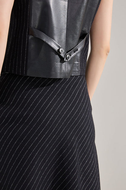 Classic French Style Pinstripe Vest & High-Waisted Skirt Set