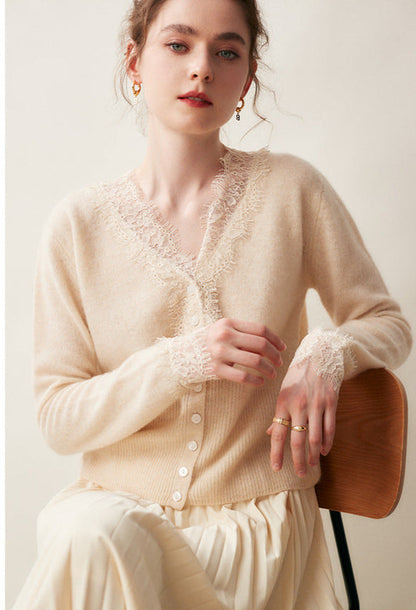 Lace-Trim Baby Cashmere Cardigan