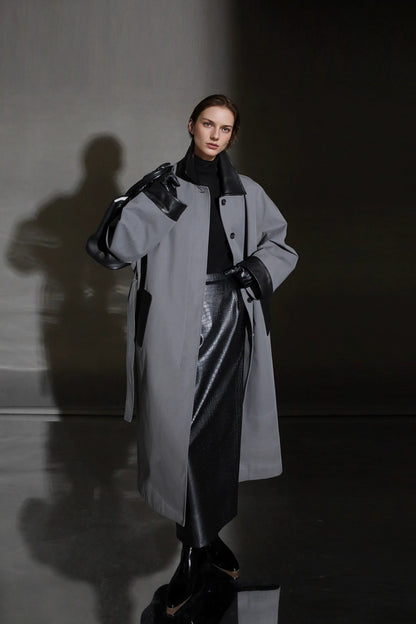 Leather-Trimmed Polo Collar Oversized Long Trench Coat