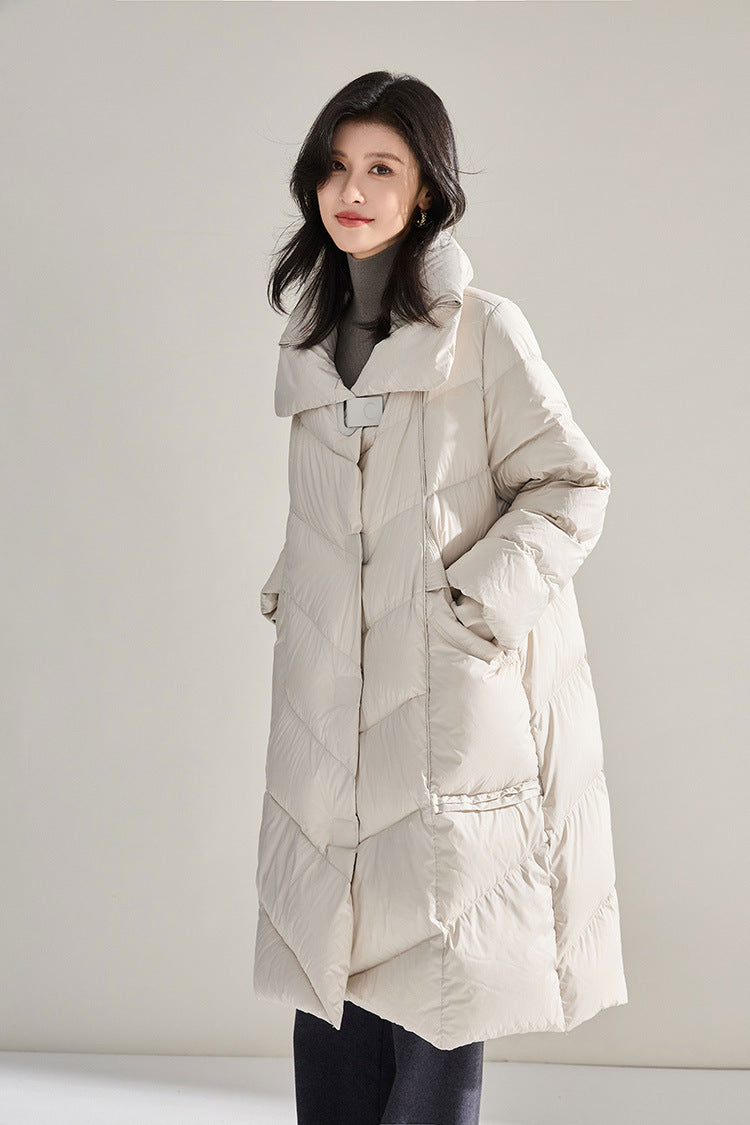 Minimalist Oversized Down Puffer Coat with Leather-Style Buttons