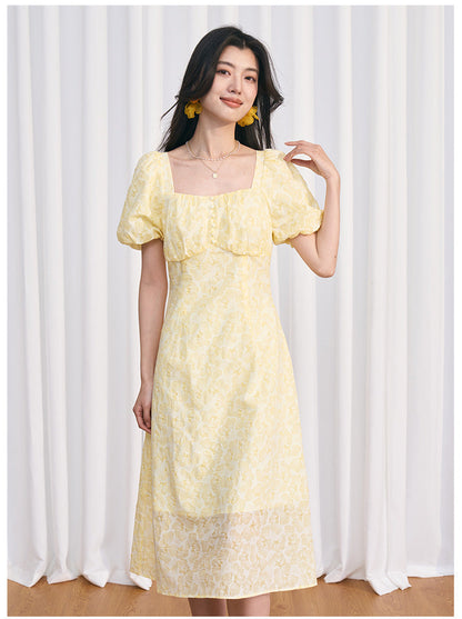 Yellow Square Neck Embossed Floral Cotton Midi Dress
