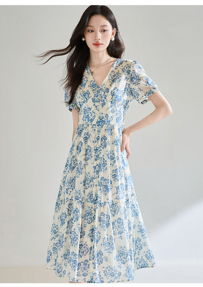 French Blue Floral Cotton Dress – Tie Waist, V-Neck