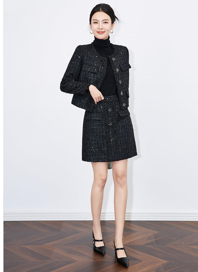 Lustrous Wool-Blend Two-Piece Set – Tweed Jacket & Mini Skirt