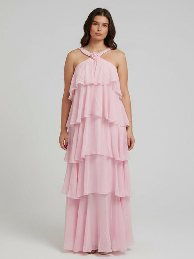 Pink Halter Tiered Maxi Dress