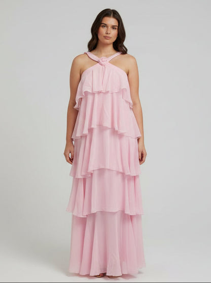 Pink Halter Tiered Maxi Dress