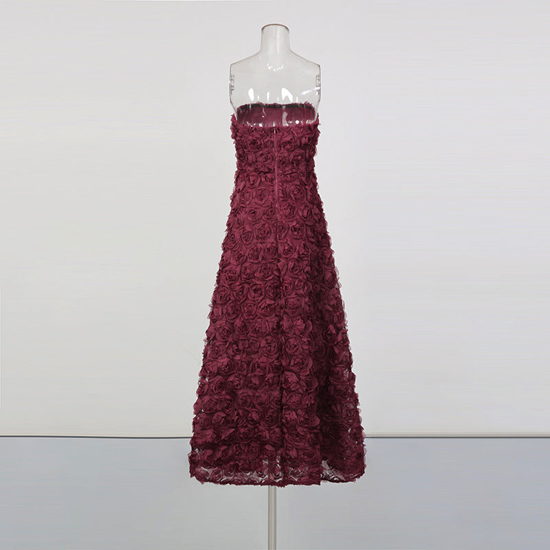 Burgundy 3D Floral Strapless Maxi Dress