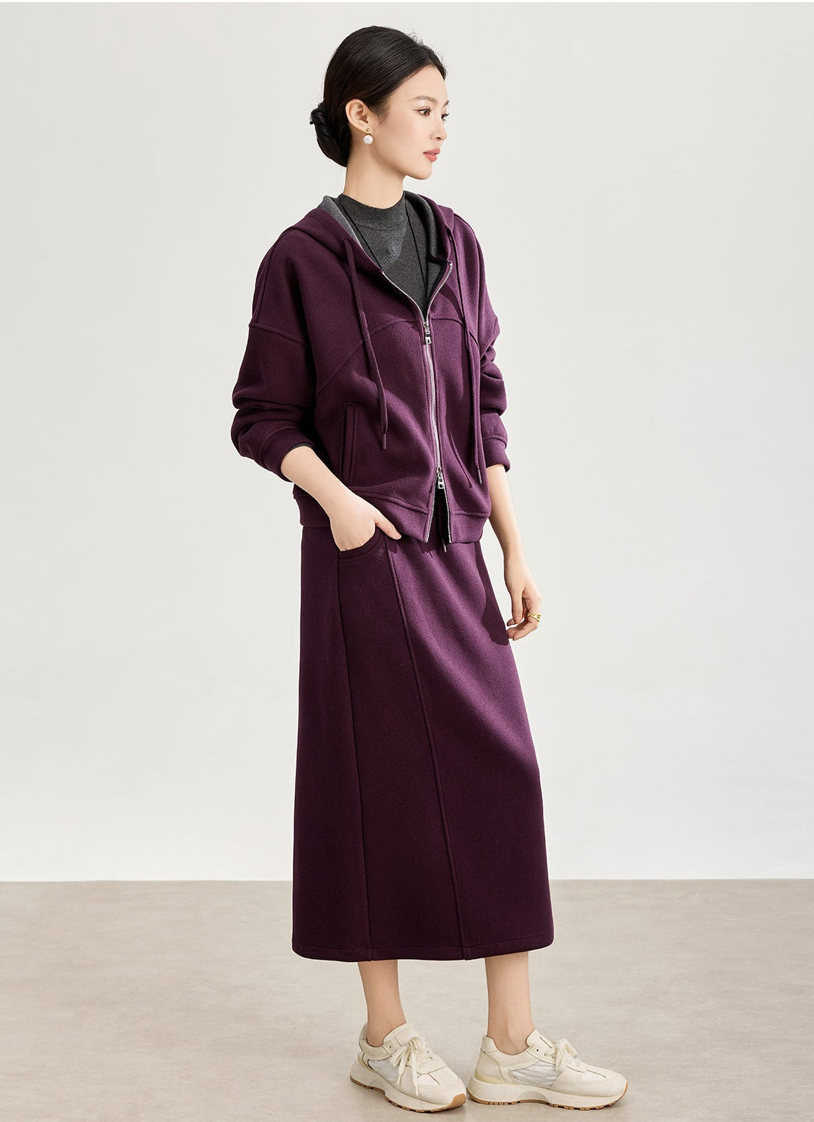 Soft Wool-Blend Hooded Jacket & Elastic Waist Skirt Set