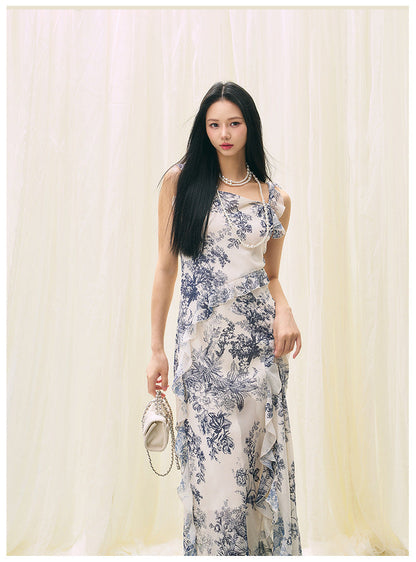 Ruffled Square Neck Slit Vacation Dress
