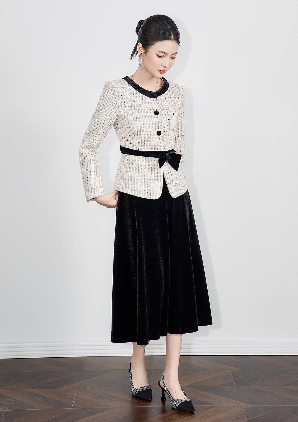 Bow-Detail Tweed Jacket & Velvet Skirt Set