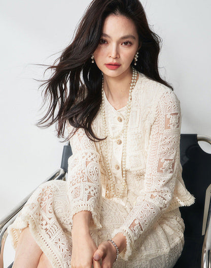 Luxury Beige Two-Piece Set with Fringe & Hollow Floral Details