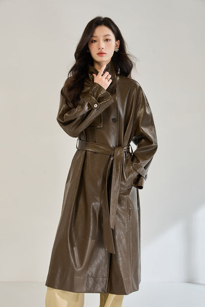 Retro Long Faux Leather Coat
