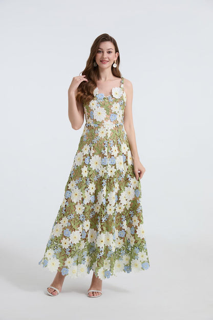 Embroidered One-Shoulder Green Maxi Dress