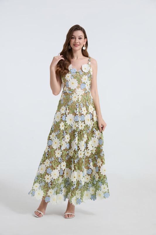 Embroidered One-Shoulder Green Maxi Dress