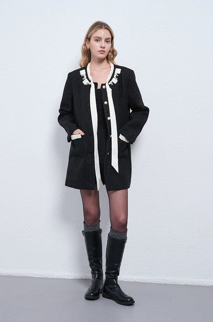 Bow-Tie Neck Contrast Trim Midi Jacket
