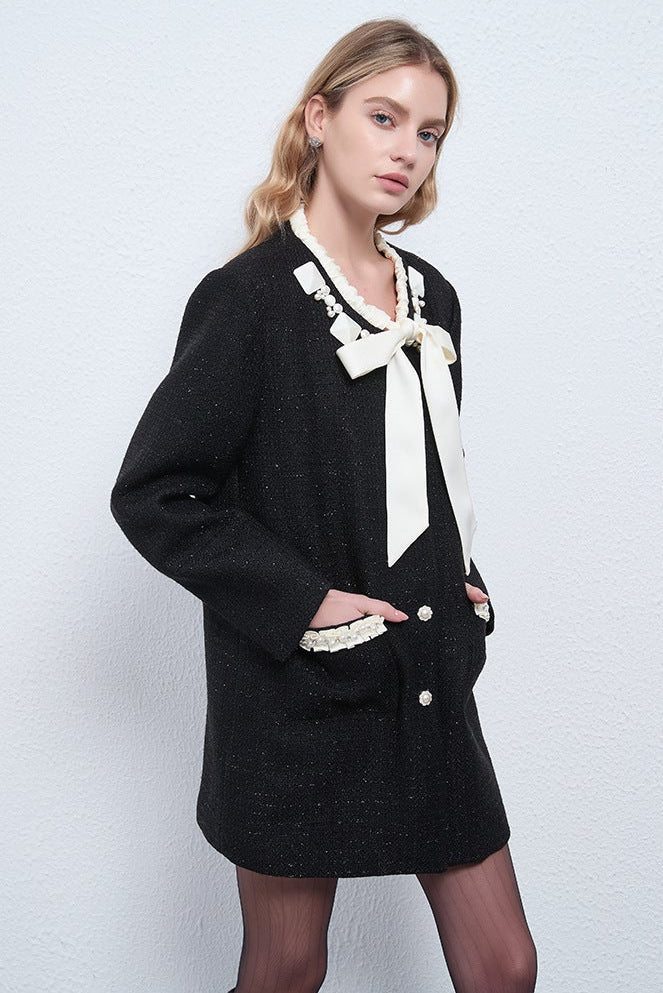Bow-Tie Neck Contrast Trim Midi Jacket
