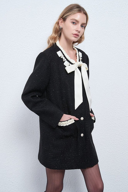 Bow-Tie Neck Contrast Trim Midi Jacket