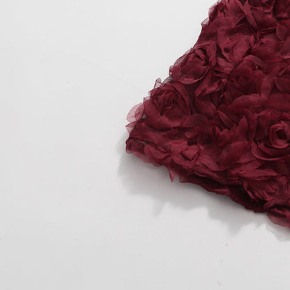 Burgundy 3D Floral Strapless Maxi Dress
