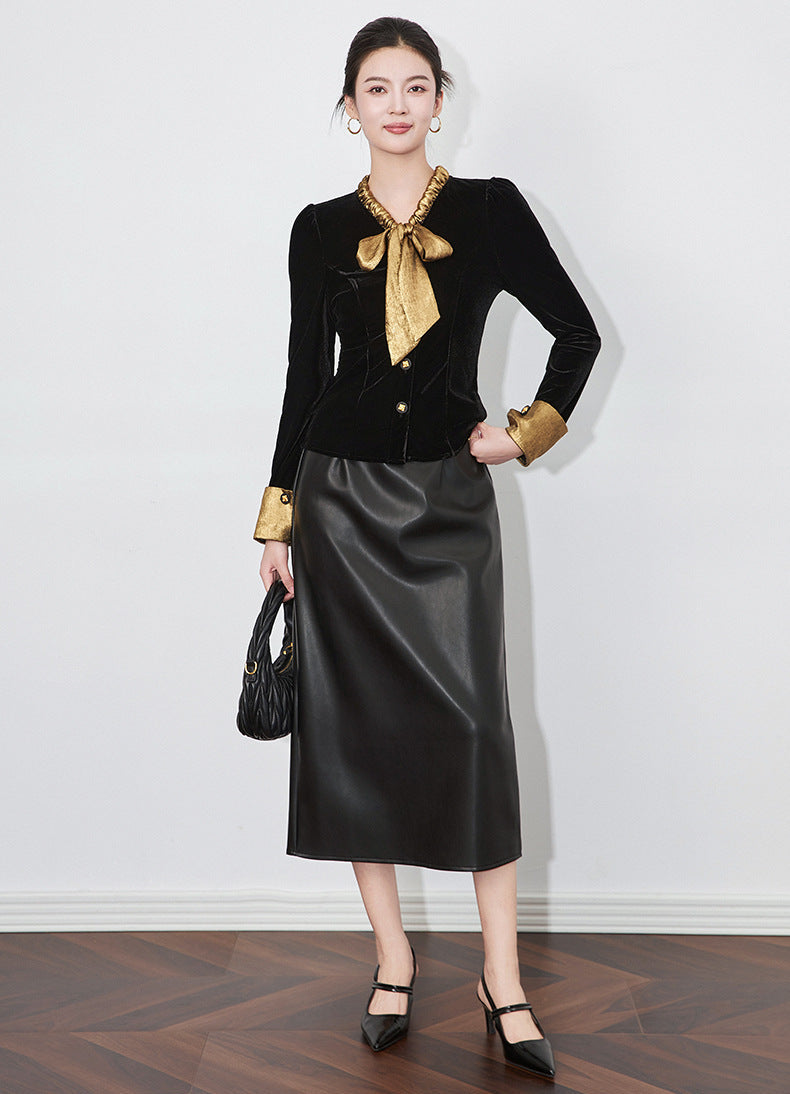 Velvet Contrast French Bow-Tie Slimming Blouse