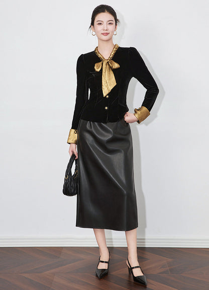 Velvet Contrast French Bow-Tie Slimming Blouse