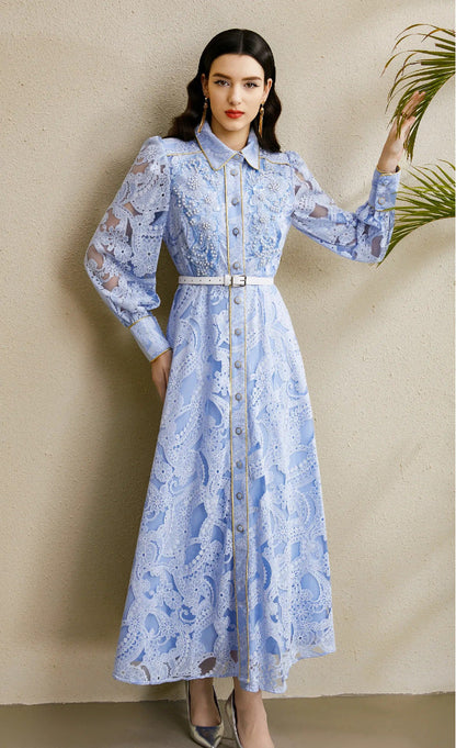 Beaded Lace Maxi Dress with Gold Trim – Elegant Retro Gown