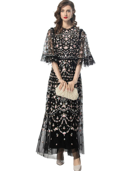 Belleza Princess-Cut Embroidered Maxi Evening Dress