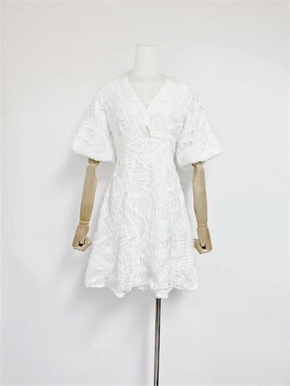 Textured Short Puff Sleeve A-Line Dress