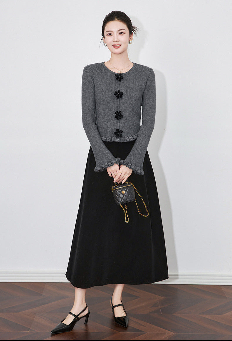 3D Floral Knit Top + Velvet Skirt Set – Elegant French Winter Ensemble