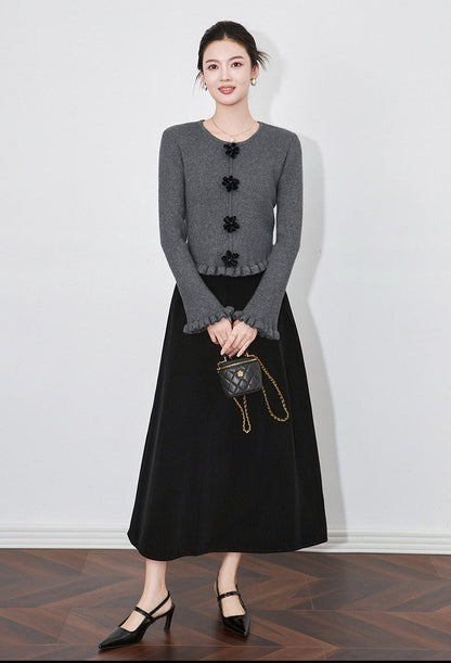 3D Floral Knit Top + Velvet Skirt Set – Elegant French Winter Ensemble