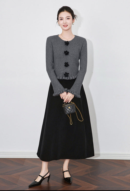 3D Floral Knit Top + Velvet Skirt Set – Elegant French Winter Ensemble