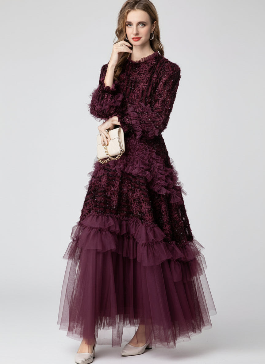 Plum 3D Floral Detail Tulle Evening Dress