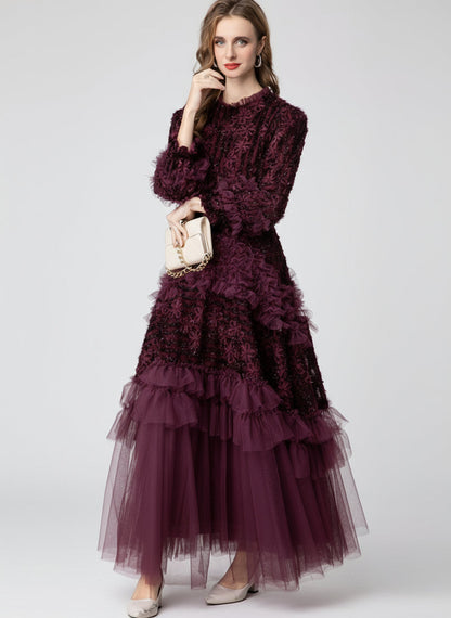 Plum 3D Floral Detail Tulle Evening Dress