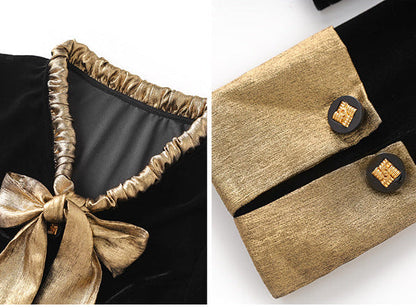 Velvet Contrast French Bow-Tie Slimming Blouse