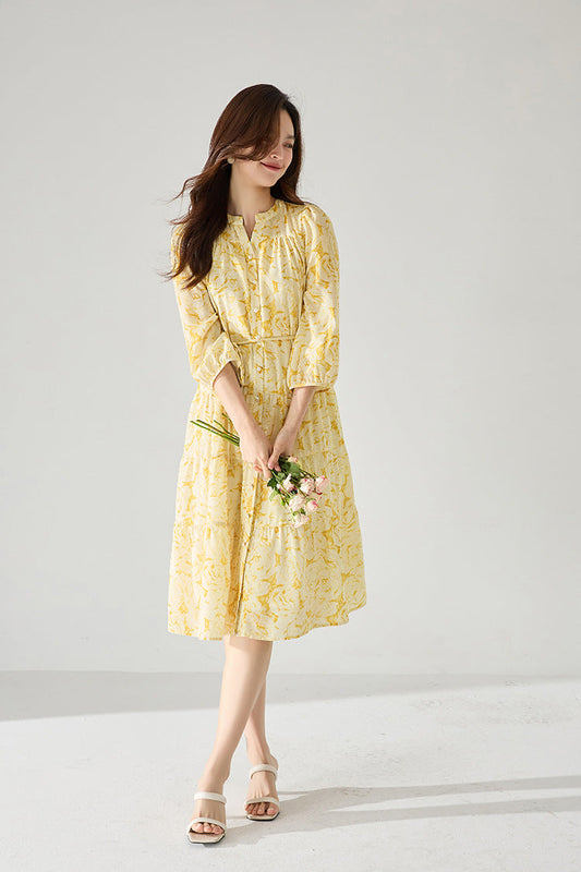 Yellow Floral Chiffon Long Dress