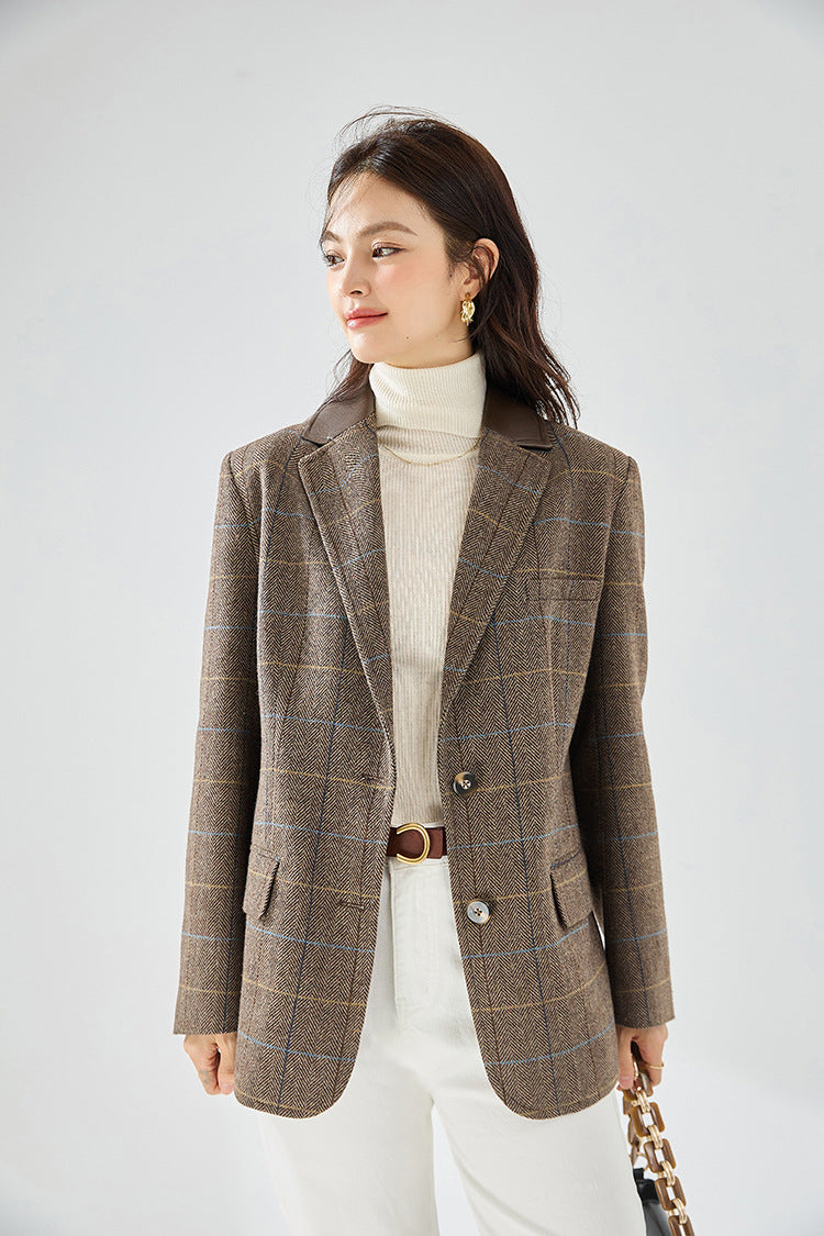 Fine Wool Plaid Oversized Blazer Coat – Coffee Brown
