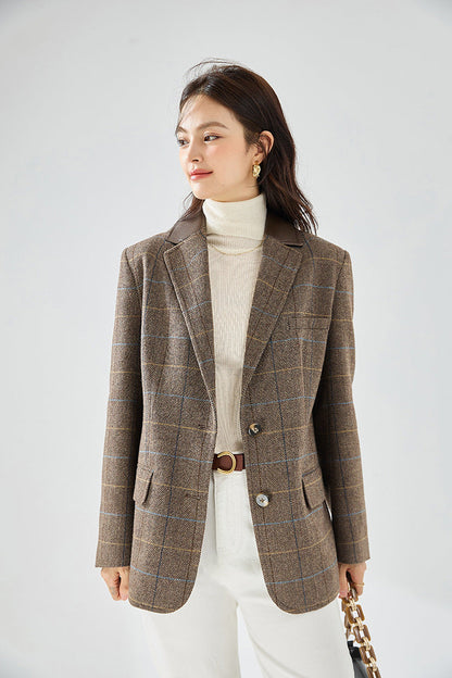 Fine Wool Plaid Oversized Blazer Coat – Coffee Brown