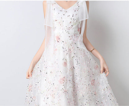 Crystal Sequin Embroidered V-Neck Midi Dress