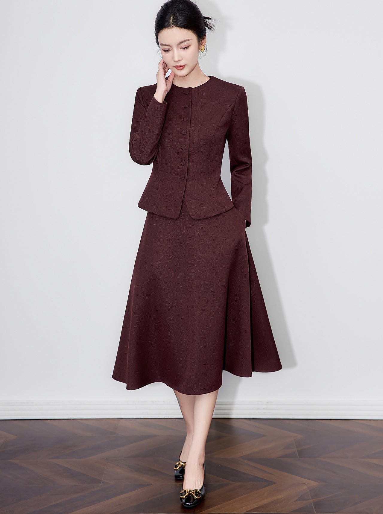Luminous Texture Two-Piece Blazer & Midi Skirt Set