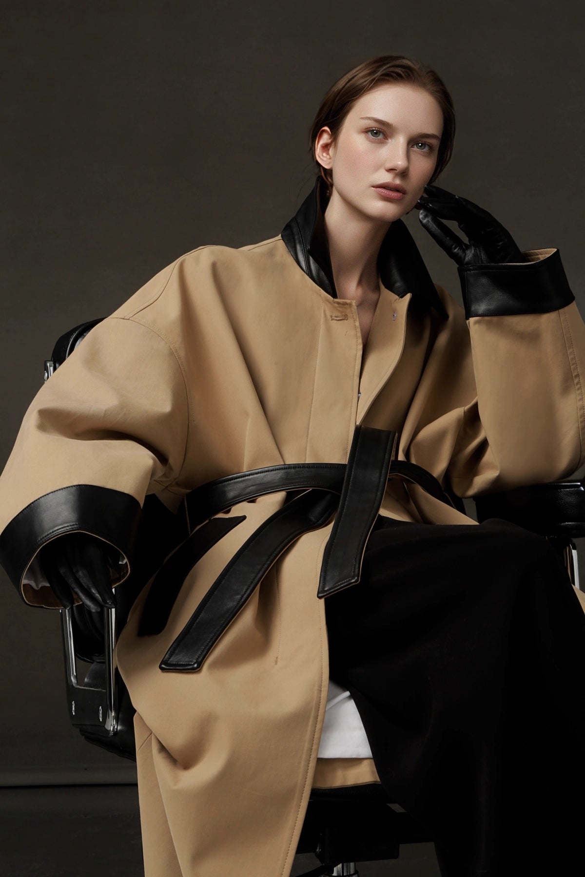 Leather-Trimmed Polo Collar Oversized Long Trench Coat