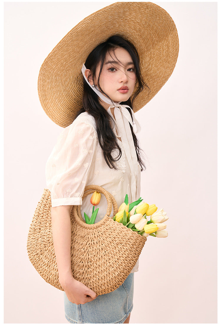 Embroidered Peter Pan Collar Puff Sleeve Blouse