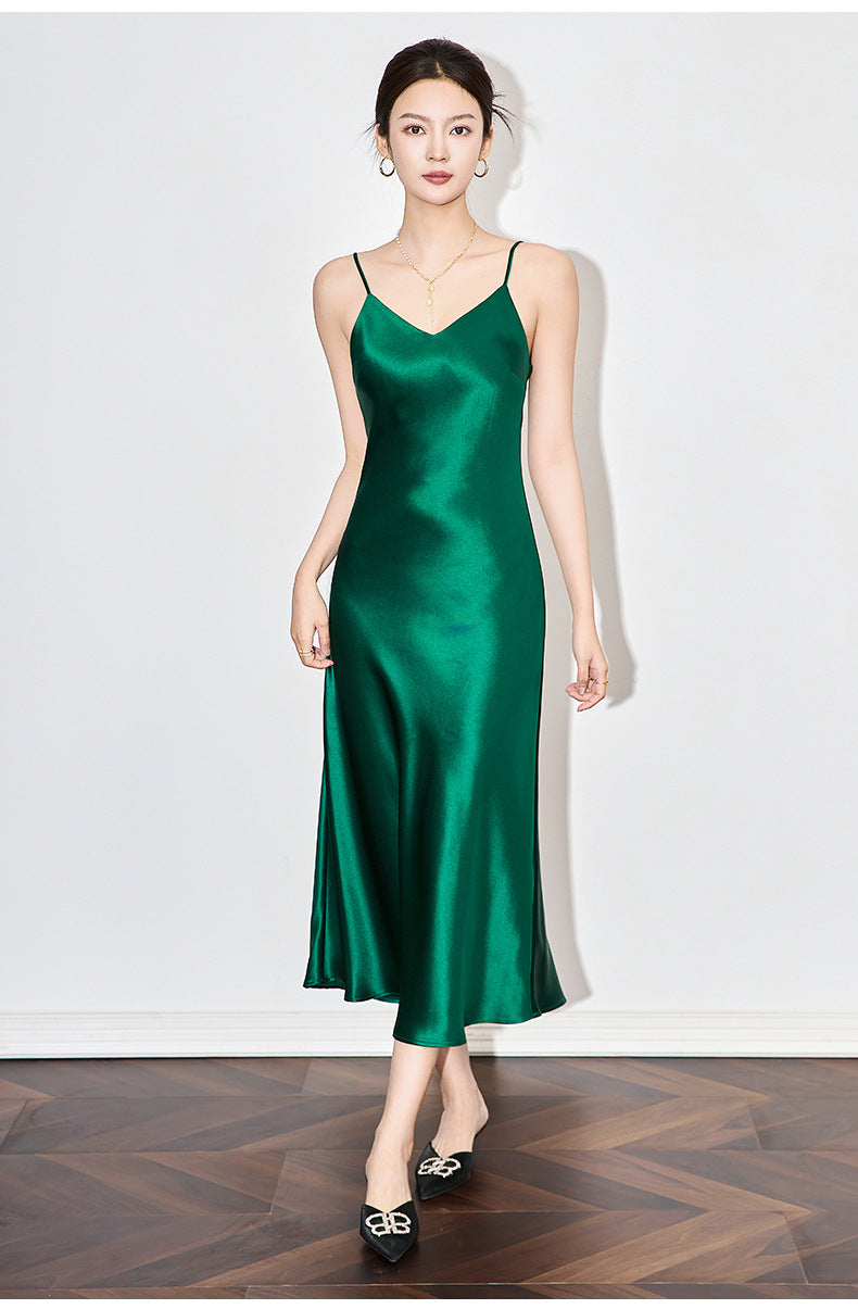 Satin-Texture Acetate Slip Dress with Spaghetti Straps