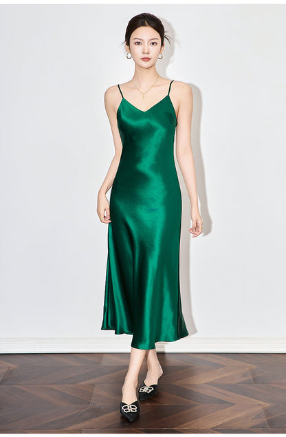 Satin-Texture Acetate Slip Dress with Spaghetti Straps