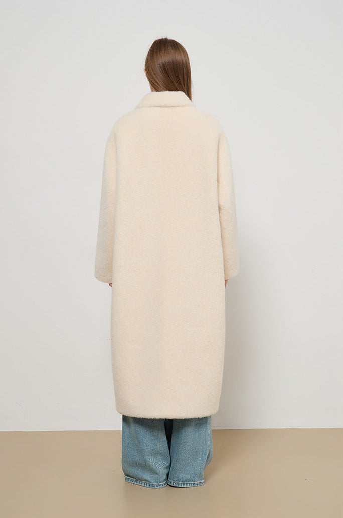 Miu Series Faux Fur Long Coat – Off-White Elegance