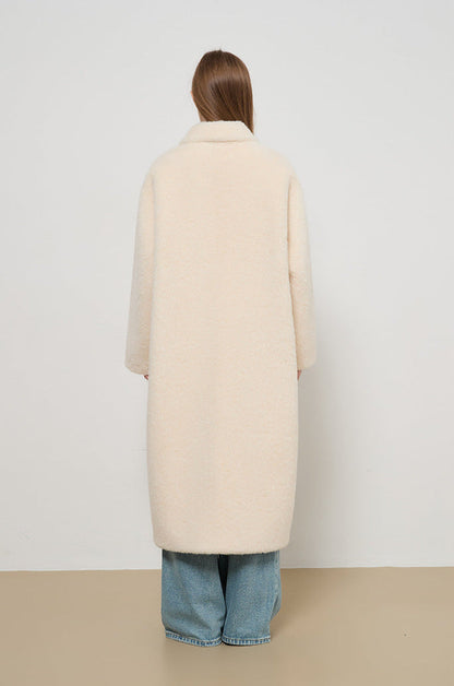 Miu Series Faux Fur Long Coat – Off-White Elegance