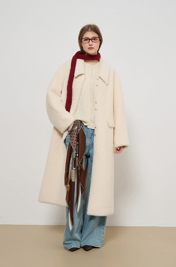 Miu Series Faux Fur Long Coat – Off-White Elegance