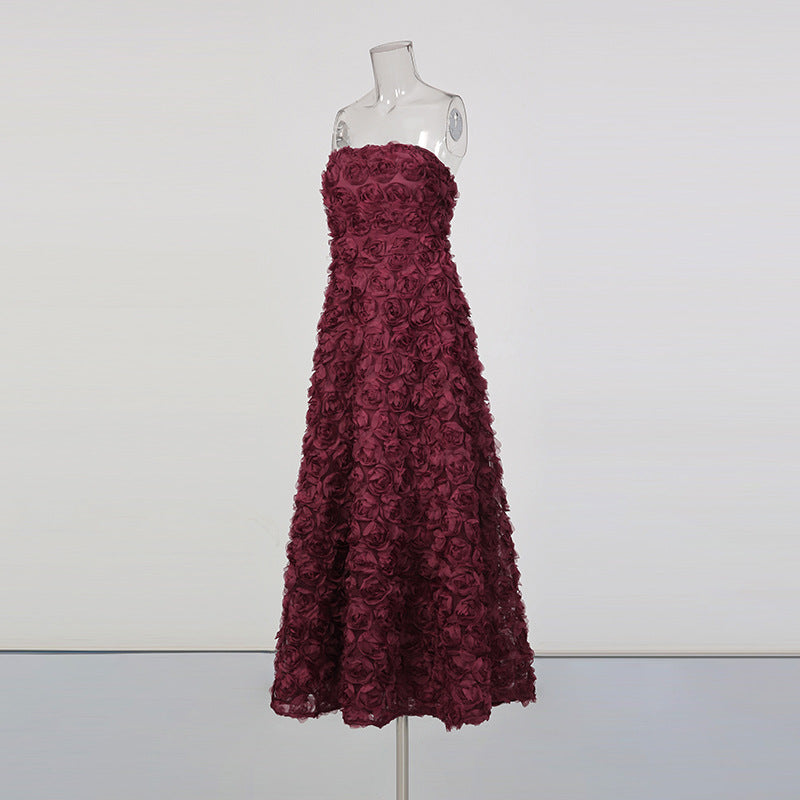Burgundy 3D Floral Strapless Maxi Dress