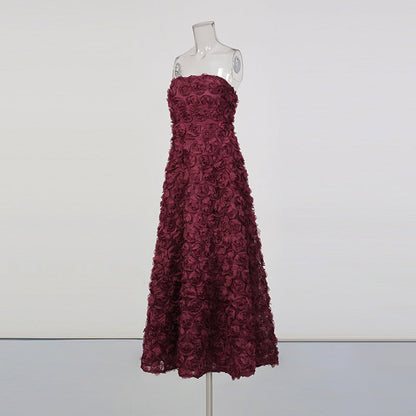Burgundy 3D Floral Strapless Maxi Dress