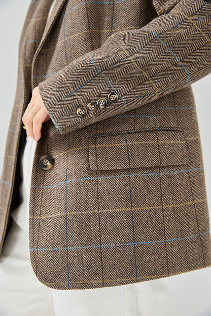 Fine Wool Plaid Oversized Blazer Coat – Coffee Brown