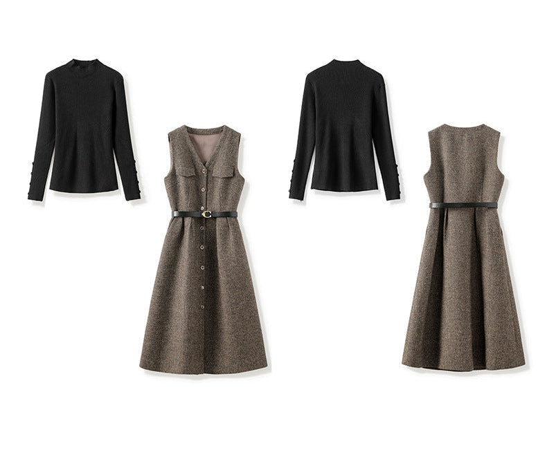 Retro Wool-Blend Vest Midi Dress + Knit Sweater Set