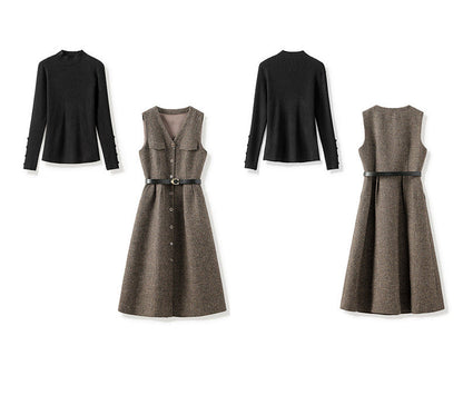 Retro Wool-Blend Vest Midi Dress + Knit Sweater Set
