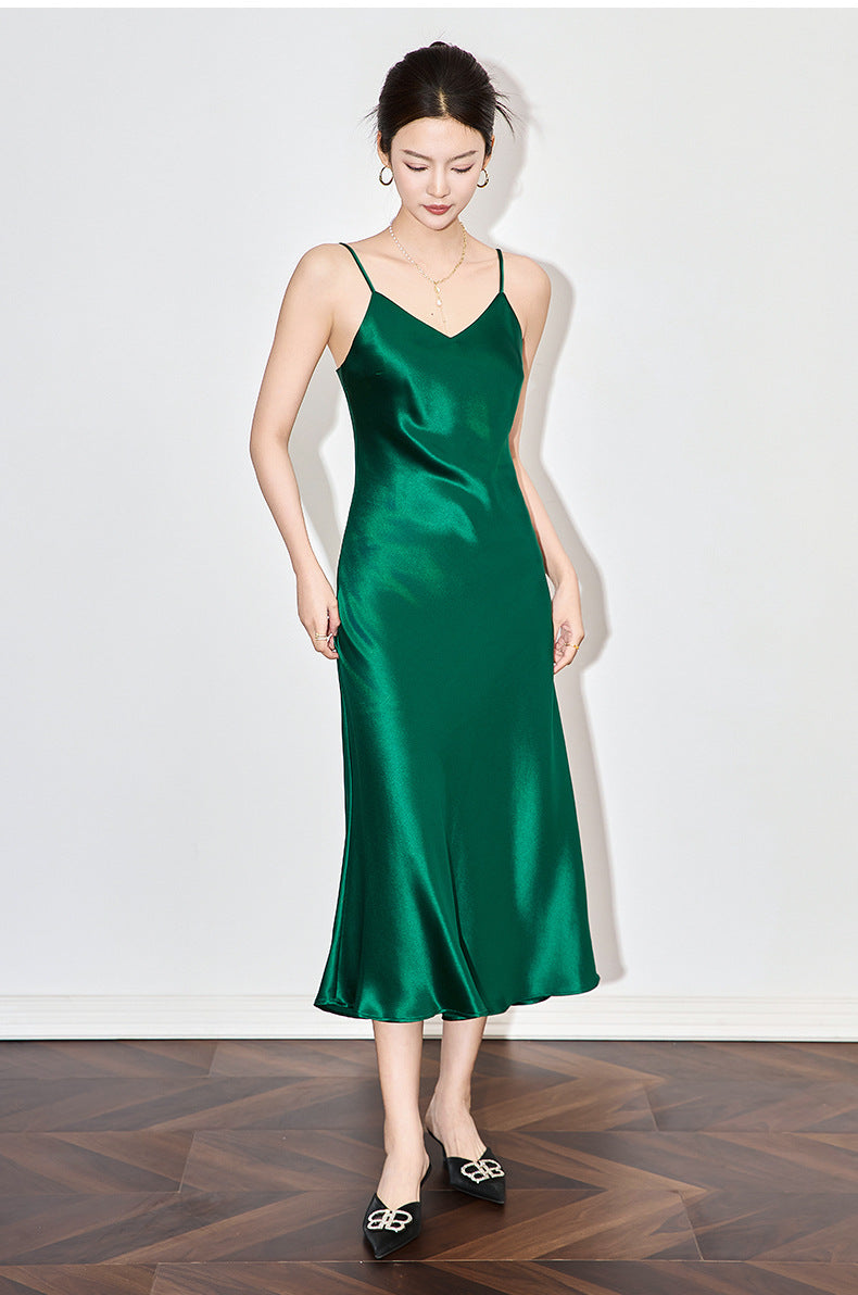 Satin-Texture Acetate Slip Dress with Spaghetti Straps